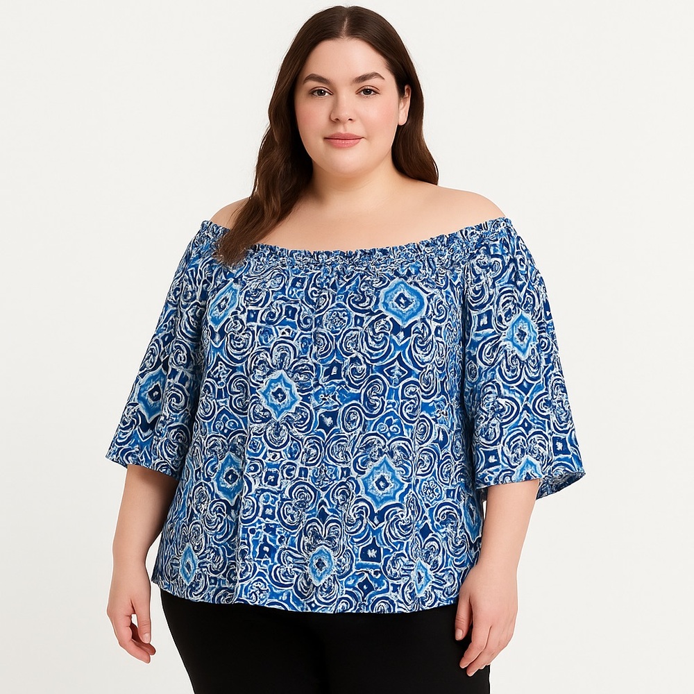 Laura Plus Women’s Blouse 3X Blue Abstract Vacation Resort Wear Boho